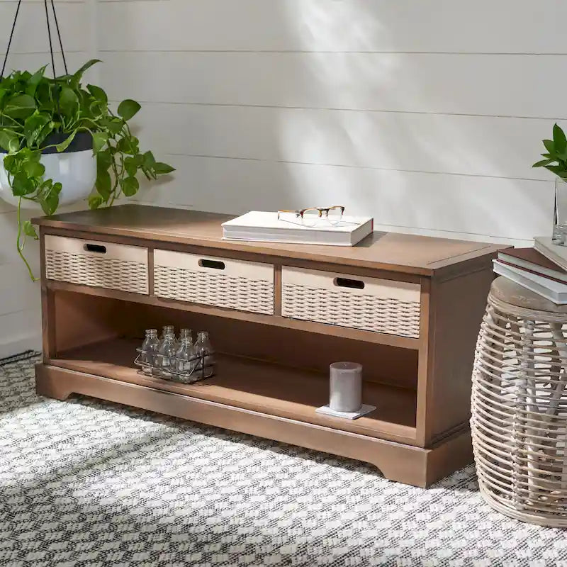 Sand/Black/Brown/Distressed White 3-Drawer Storage Bench, Seats 1-2, 47.3"W x 15"D x 19"H