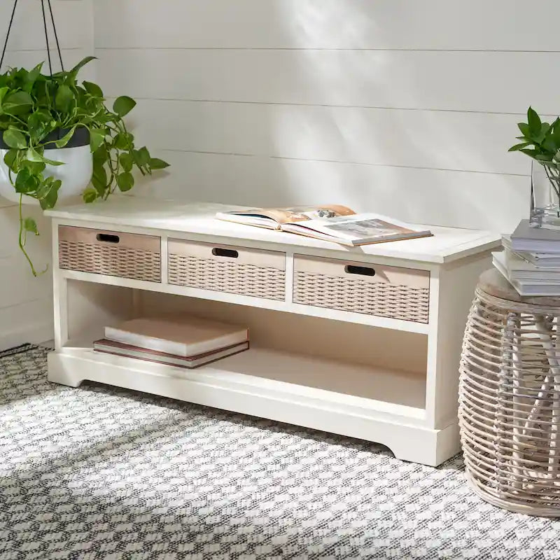 Sand/Black/Brown/Distressed White 3-Drawer Storage Bench, Seats 1-2, 47.3"W x 15"D x 19"H