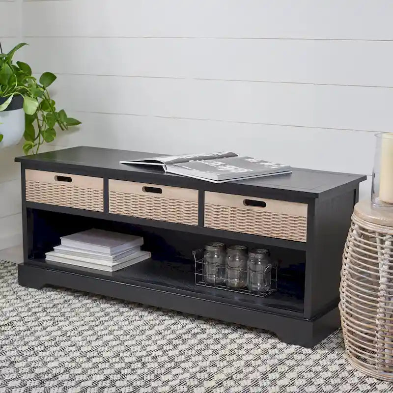 Sand/Black/Brown/Distressed White 3-Drawer Storage Bench, Seats 1-2, 47.3"W x 15"D x 19"H