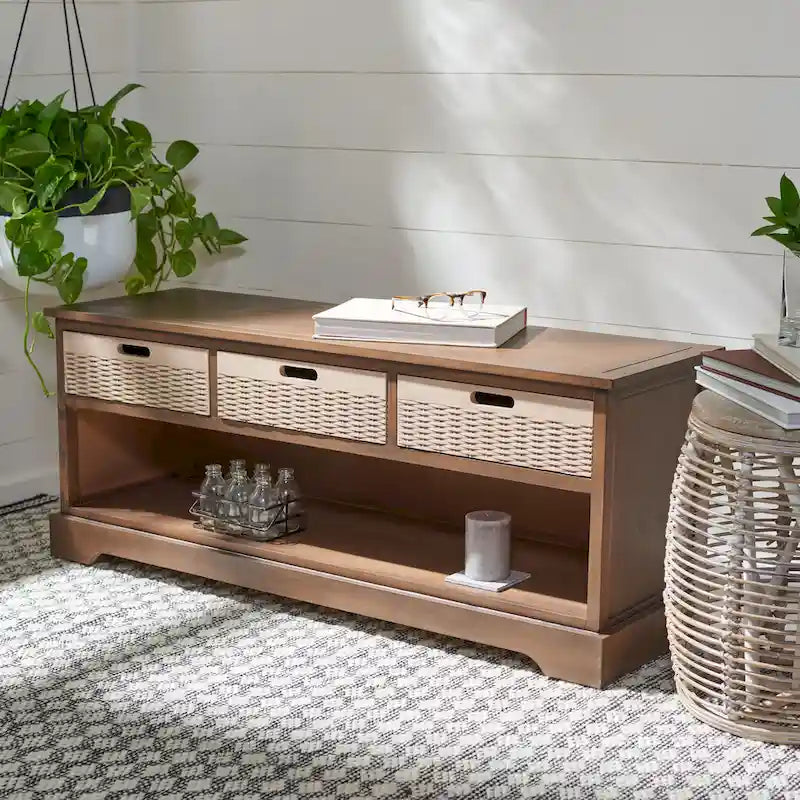 Sand/Black/Brown/Distressed White 3-Drawer Storage Bench, Seats 1-2, 47.3"W x 15"D x 19"H