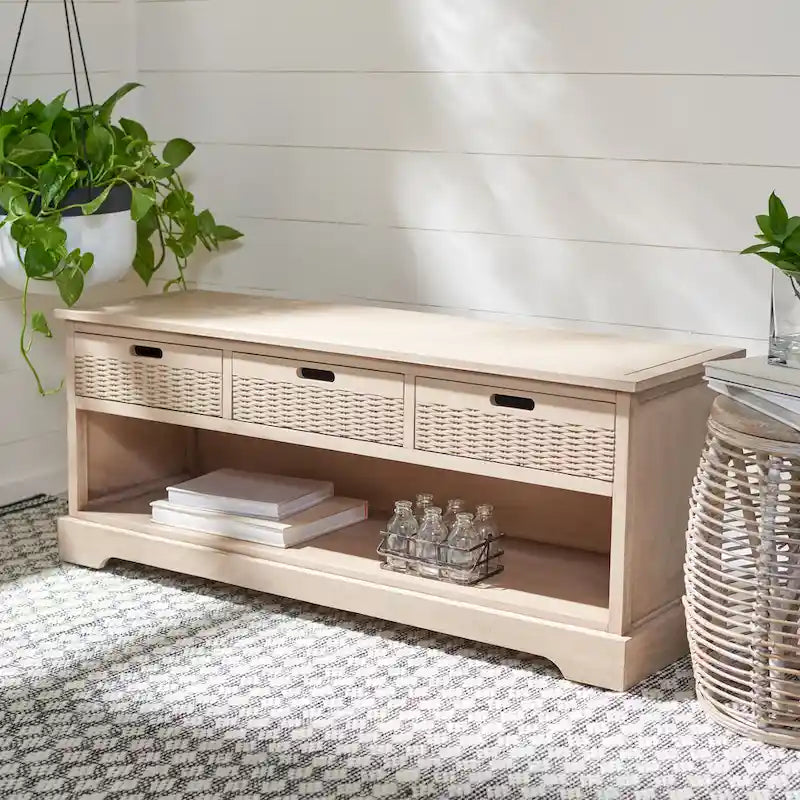 Sand/Black/Brown/Distressed White 3-Drawer Storage Bench, Seats 1-2, 47.3"W x 15"D x 19"H
