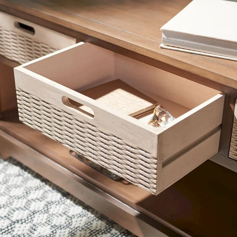 Sand/Black/Brown/Distressed White 3-Drawer Storage Bench, Seats 1-2, 47.3"W x 15"D x 19"H