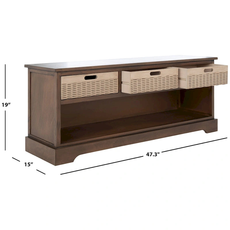 Sand/Black/Brown/Distressed White 3-Drawer Storage Bench, Seats 1-2, 47.3"W x 15"D x 19"H
