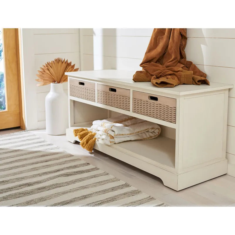 Sand/Black/Brown/Distressed White 3-Drawer Storage Bench, Seats 1-2, 47.3"W x 15"D x 19"H
