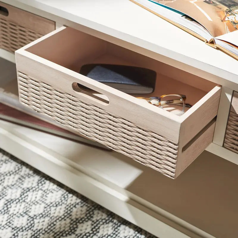 Sand/Black/Brown/Distressed White 3-Drawer Storage Bench, Seats 1-2, 47.3"W x 15"D x 19"H