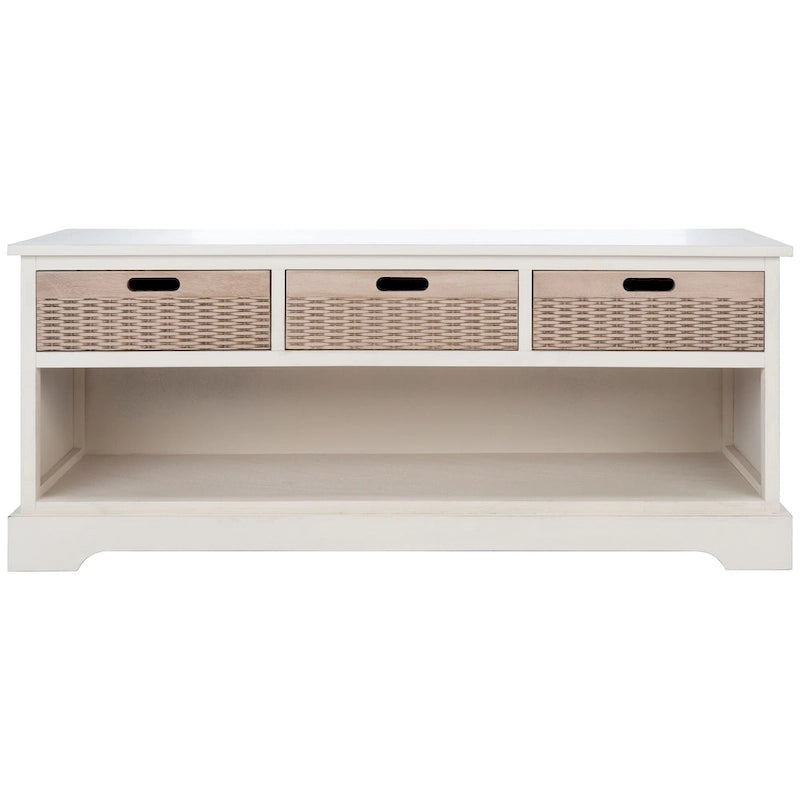 Sand/Black/Brown/Distressed White 3-Drawer Storage Bench, Seats 1-2, 47.3"W x 15"D x 19"H