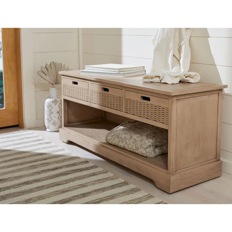 Sand/Black/Brown/Distressed White 3-Drawer Storage Bench, Seats 1-2, 47.3"W x 15"D x 19"H