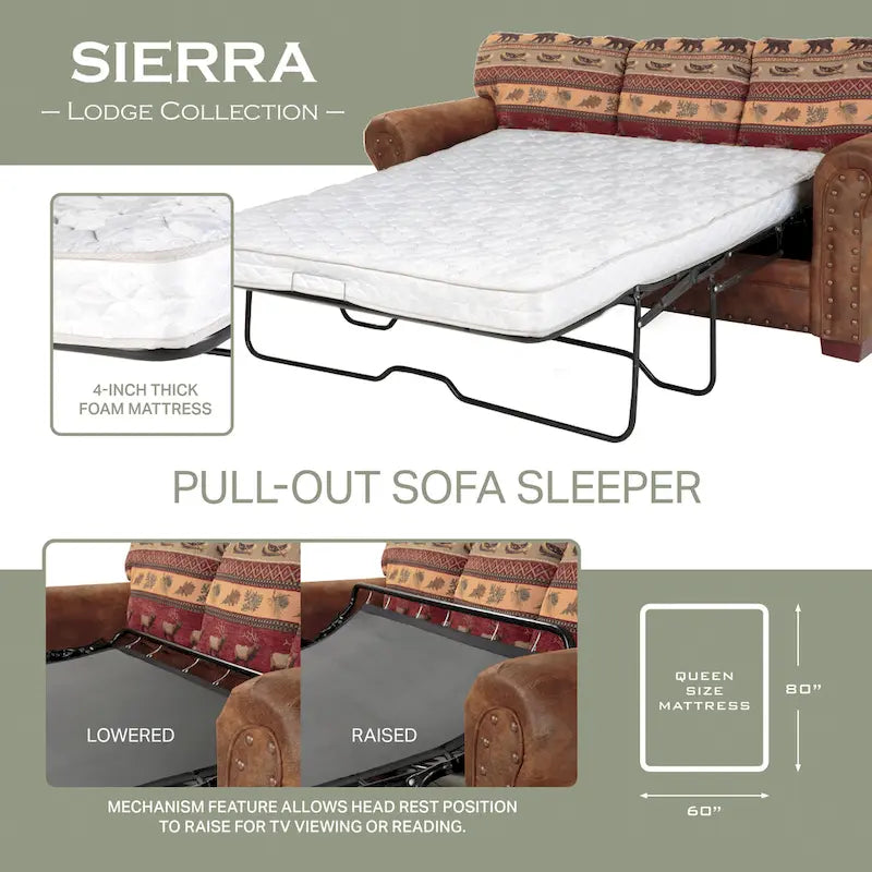 Sofá Cama Lodge-Print Marrón, se Convierte en Cama Queen, para 3 Personas