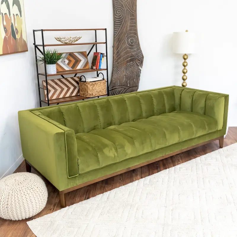 Green / Ivory / Orange Mid-Century Modern Velvet & Boucle Sofa, 2-Seat