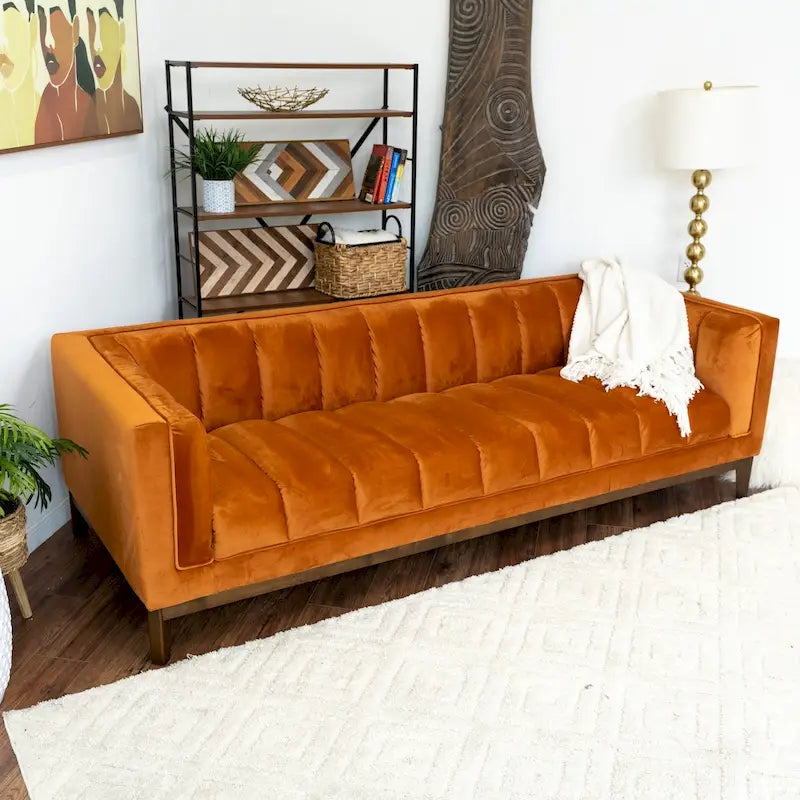 Green / Ivory / Orange Mid-Century Modern Velvet & Boucle Sofa, 2-Seat