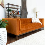 Green / Ivory / Orange Mid-Century Modern Velvet & Boucle Sofa, 2-Seat