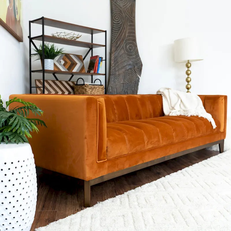 Green / Ivory / Orange Mid-Century Modern Velvet & Boucle Sofa, 2-Seat