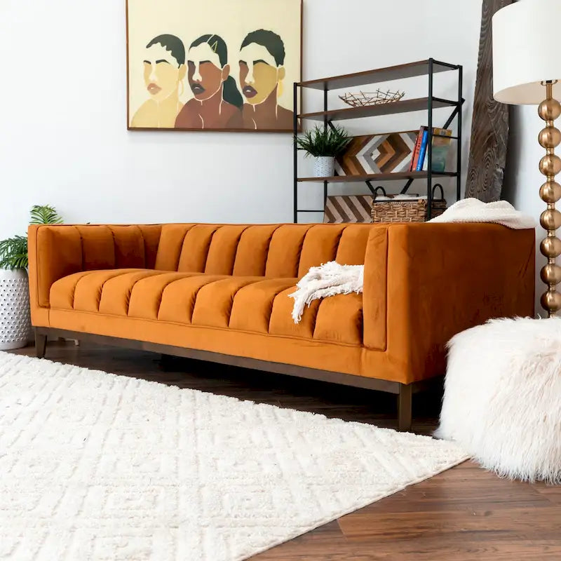 Green / Ivory / Orange Mid-Century Modern Velvet & Boucle Sofa, 2-Seat