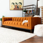 Green / Ivory / Orange Mid-Century Modern Velvet & Boucle Sofa, 2-Seat