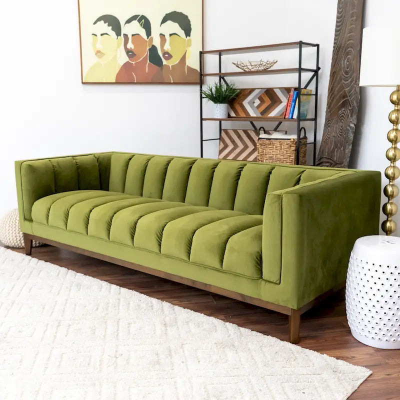 Green / Ivory / Orange Mid-Century Modern Velvet & Boucle Sofa, 2-Seat