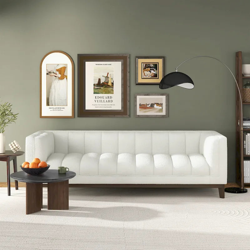 Green / Ivory / Orange Mid-Century Modern Velvet & Boucle Sofa, 2-Seat
