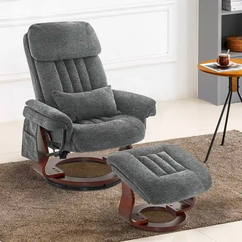 Grey / Blue / Dark Grey Faux Leather 360° Swivel Recliner with Ottoman, Single