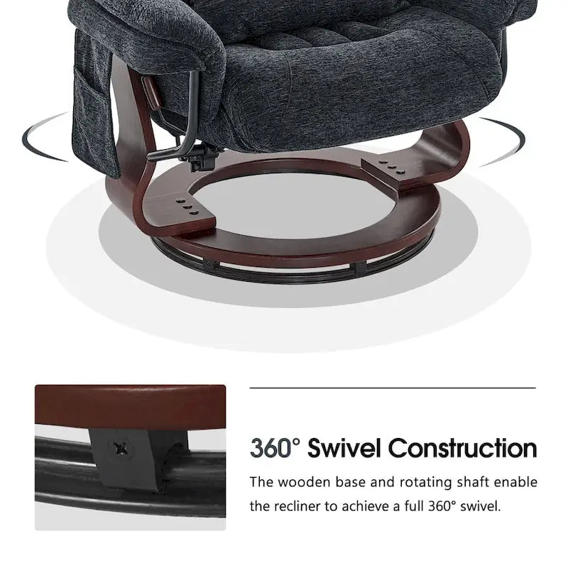 Grey / Blue / Dark Grey Faux Leather 360° Swivel Recliner with Ottoman, Single