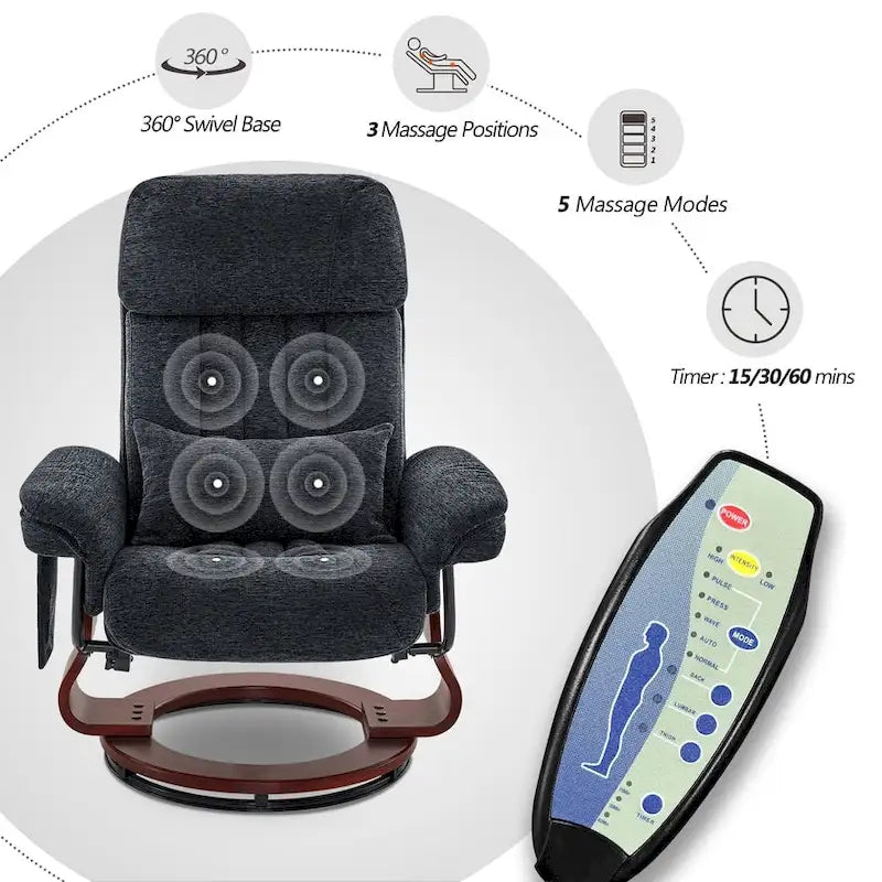 Sillón reclinable giratorio 360° de piel sintética gris / azul / gris oscuro con otomana, individual