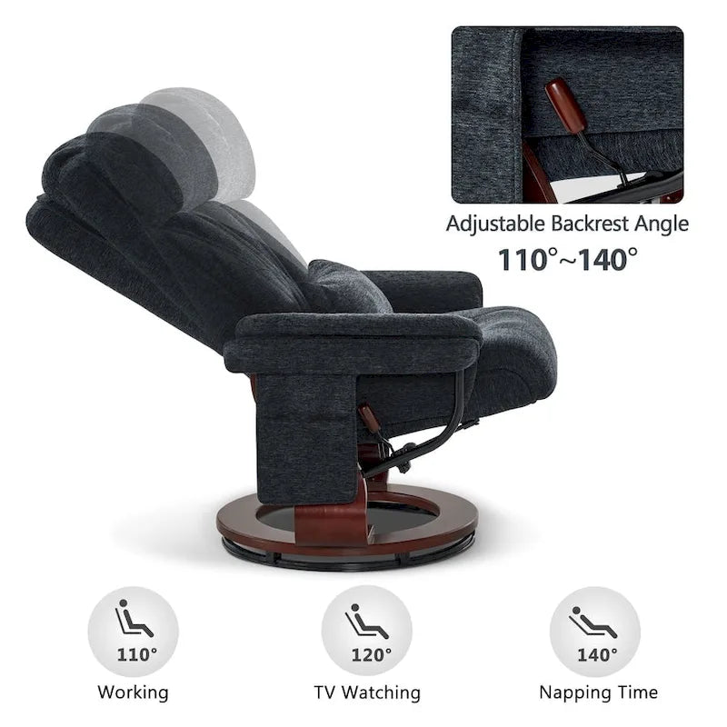 Sillón reclinable giratorio 360° de piel sintética gris / azul / gris oscuro con otomana, individual