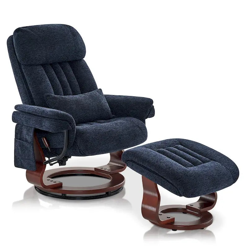 Sillón reclinable giratorio 360° de piel sintética gris / azul / gris oscuro con otomana, individual