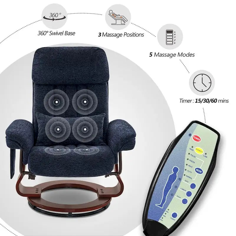 Sillón reclinable giratorio 360° de piel sintética gris / azul / gris oscuro con otomana, individual