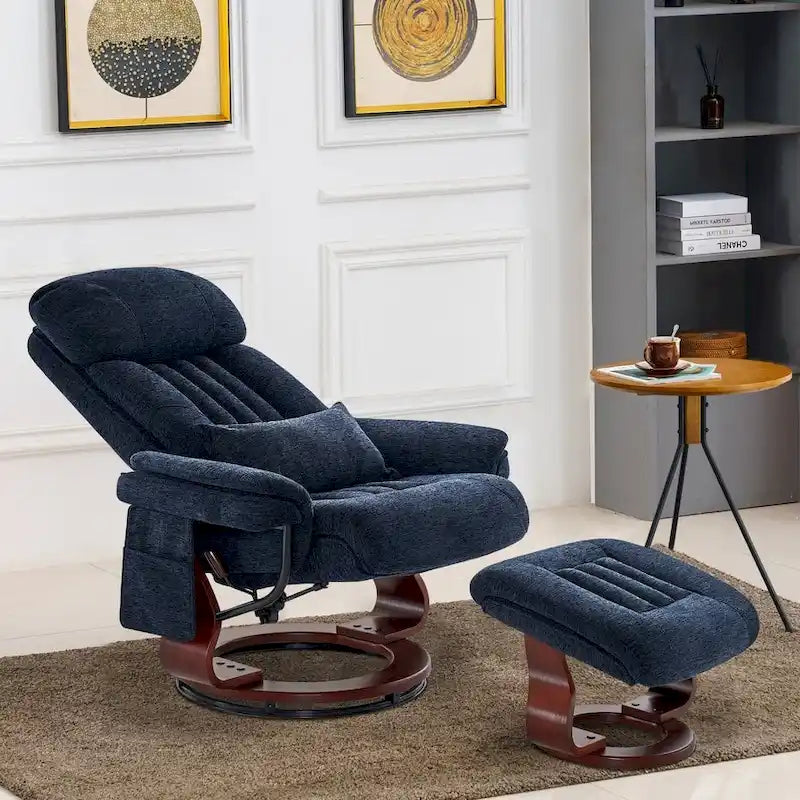 Sillón reclinable giratorio 360° de piel sintética gris / azul / gris oscuro con otomana, individual