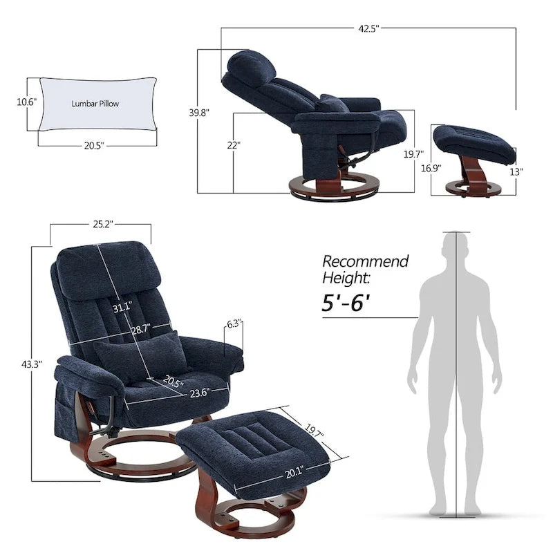 Sillón reclinable giratorio 360° de piel sintética gris / azul / gris oscuro con otomana, individual