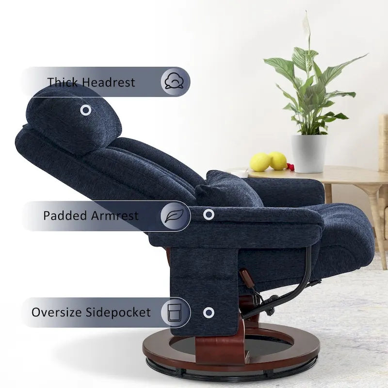 Sillón reclinable giratorio 360° de piel sintética gris / azul / gris oscuro con otomana, individual