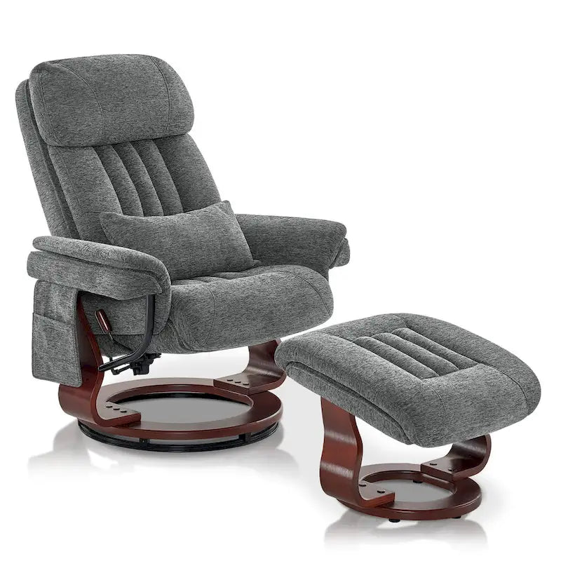 Sillón reclinable giratorio 360° de piel sintética gris / azul / gris oscuro con otomana, individual