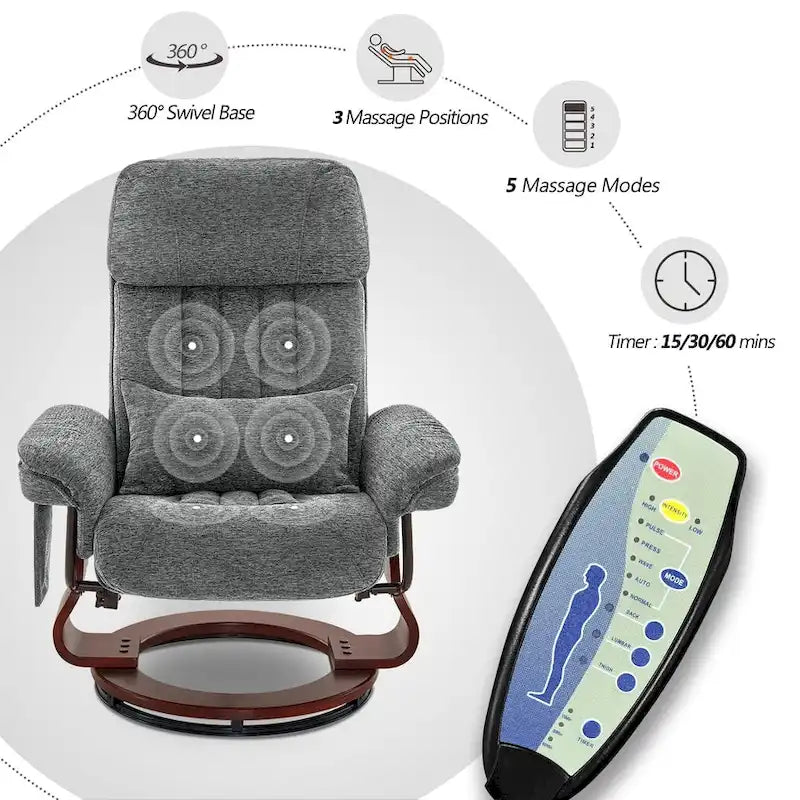 Sillón reclinable giratorio 360° de piel sintética gris / azul / gris oscuro con otomana, individual