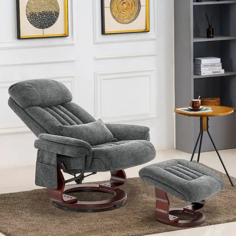 Sillón reclinable giratorio 360° de piel sintética gris / azul / gris oscuro con otomana, individual