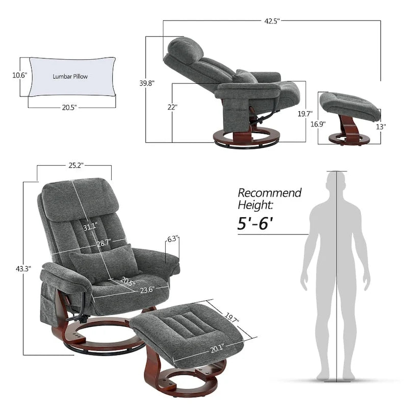 Sillón reclinable giratorio 360° de piel sintética gris / azul / gris oscuro con otomana, individual