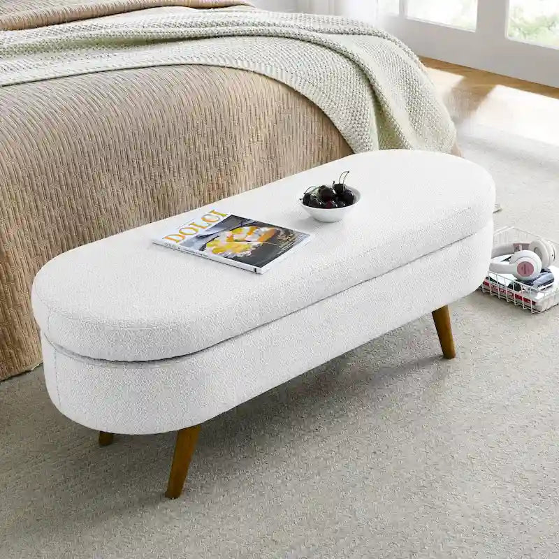 Oval Pleated Storage Ottoman, Beige/White/Grey, Single Seat