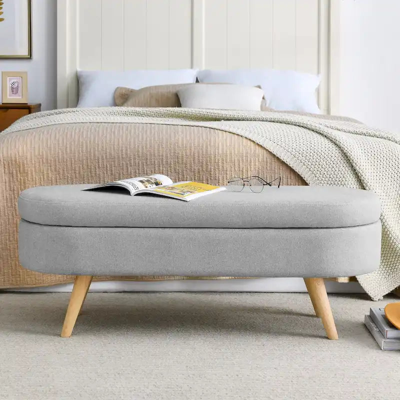 Oval Pleated Storage Ottoman, Beige/White/Grey, Single Seat