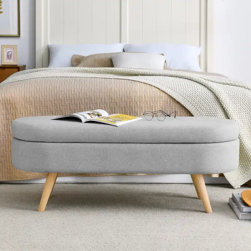Oval Pleated Storage Ottoman, Beige/White/Grey, Single Seat