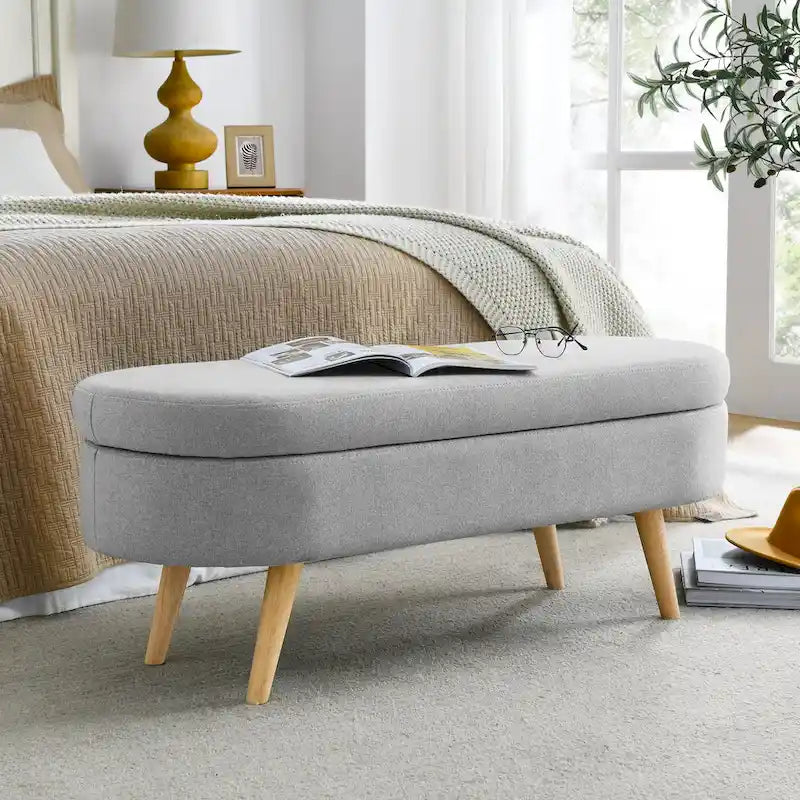 Oval Pleated Storage Ottoman, Beige/White/Grey, Single Seat
