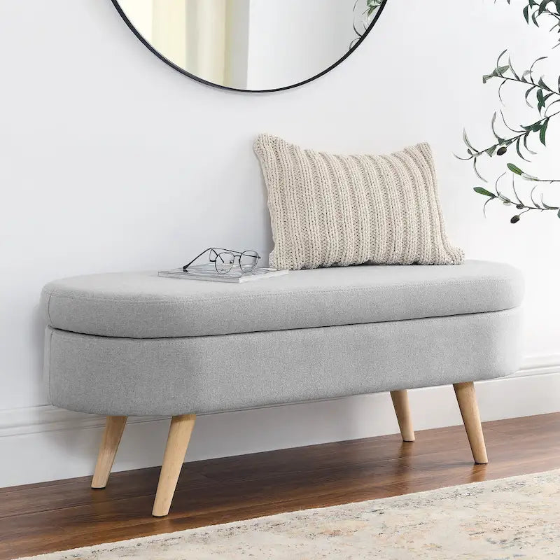 Oval Pleated Storage Ottoman, Beige/White/Grey, Single Seat