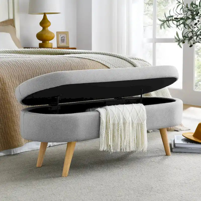 Oval Pleated Storage Ottoman, Beige/White/Grey, Single Seat