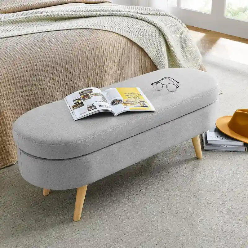 Oval Pleated Storage Ottoman, Beige/White/Grey, Single Seat