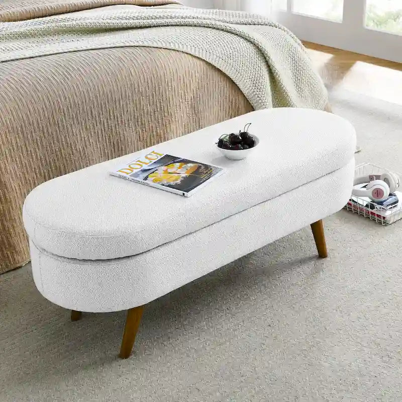 Oval Pleated Storage Ottoman, Beige/White/Grey, Single Seat