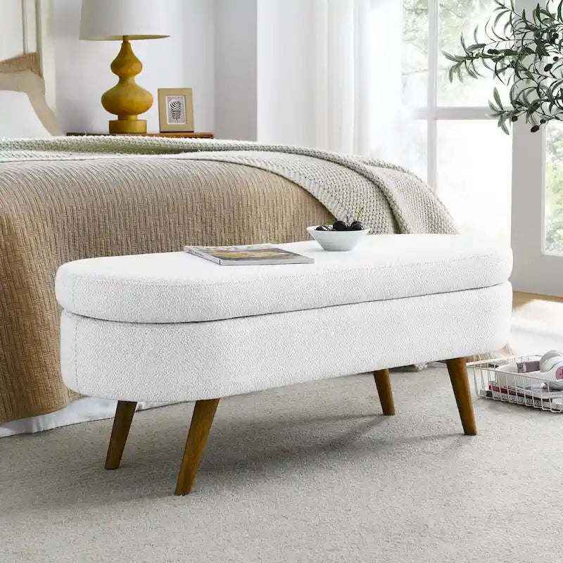 Oval Pleated Storage Ottoman, Beige/White/Grey, Single Seat