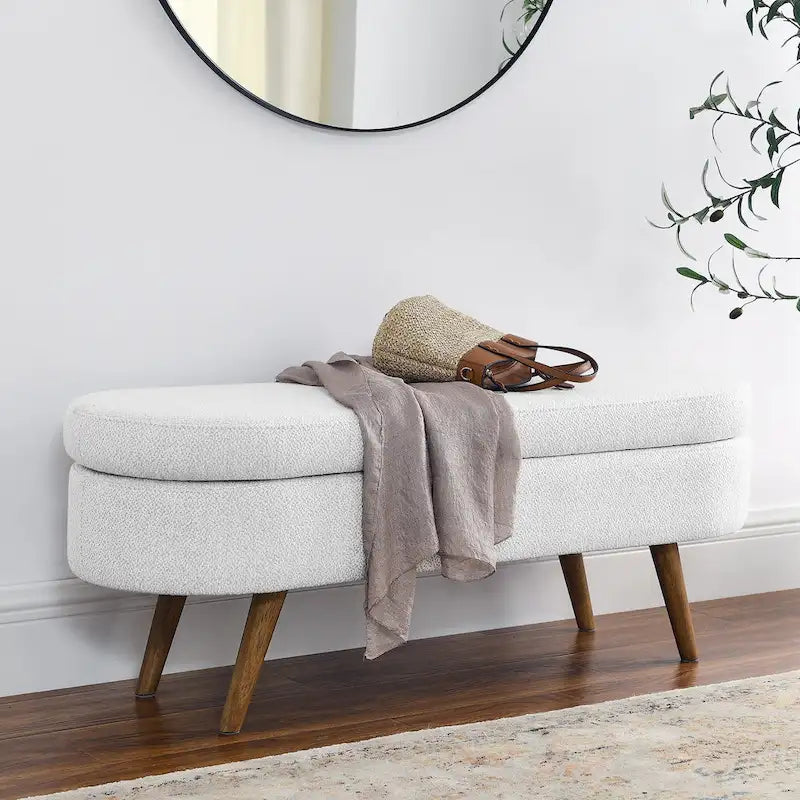 Oval Pleated Storage Ottoman, Beige/White/Grey, Single Seat