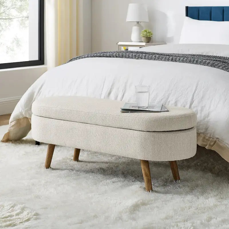 Oval Pleated Storage Ottoman, Beige/White/Grey, Single Seat