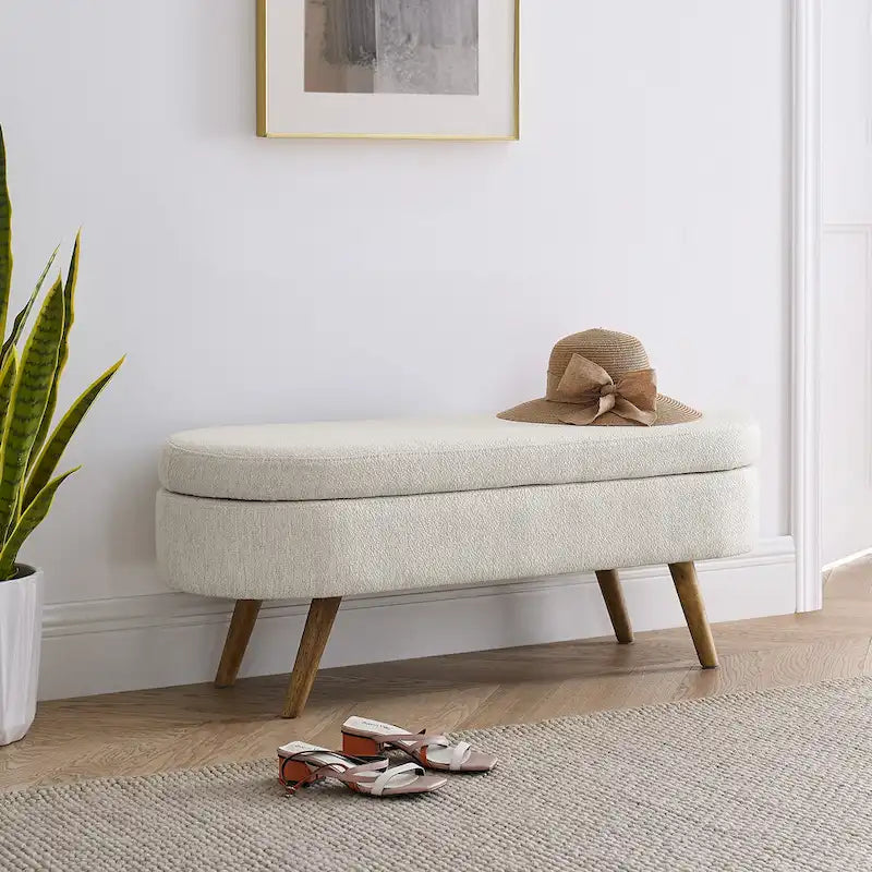 Oval Pleated Storage Ottoman, Beige/White/Grey, Single Seat