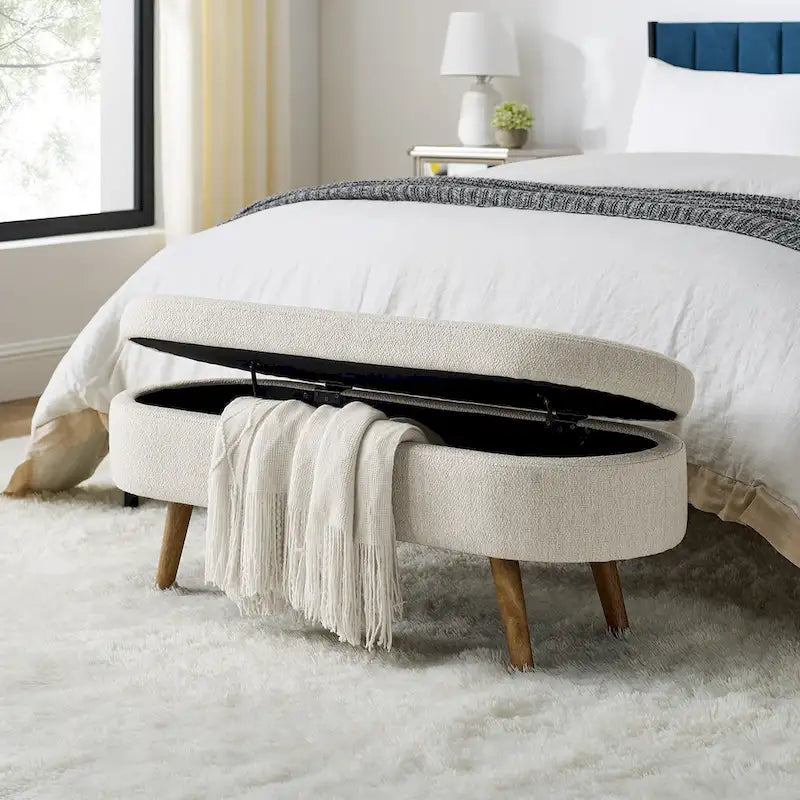 Oval Pleated Storage Ottoman, Beige/White/Grey, Single Seat