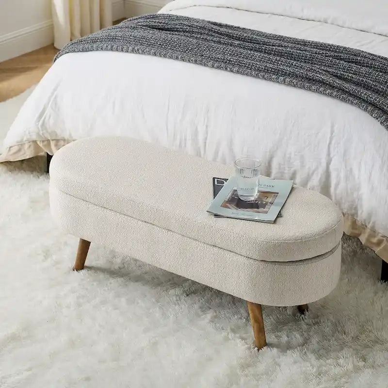 Oval Pleated Storage Ottoman, Beige/White/Grey, Single Seat