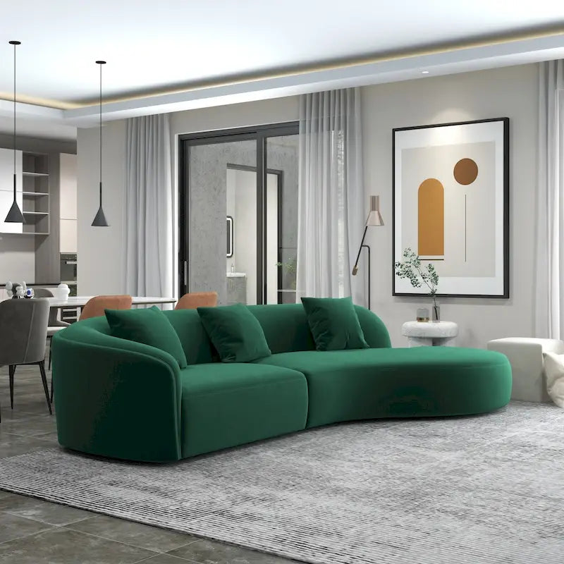 Gold / Dark Green Velvet Curved Tufted Sofa, 2-Seater