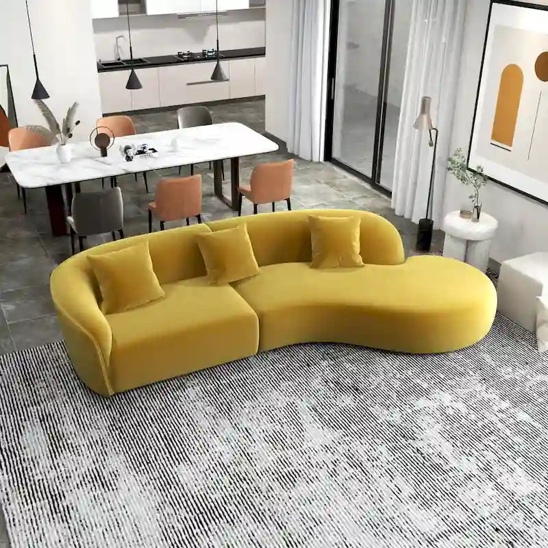 Gold / Dark Green Velvet Curved Tufted Sofa, 2-Seater