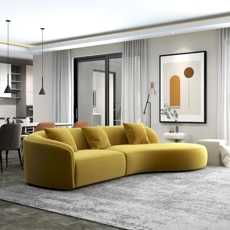 Gold / Dark Green Velvet Curved Tufted Sofa, 2-Seater